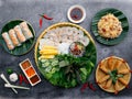 Assorted food Fried Prawn RollÃÅ pork Belly With Fermented Fish platterÃÅ Spring Roll, Mixed Sticky Rice noodle, salad served in Royalty Free Stock Photo